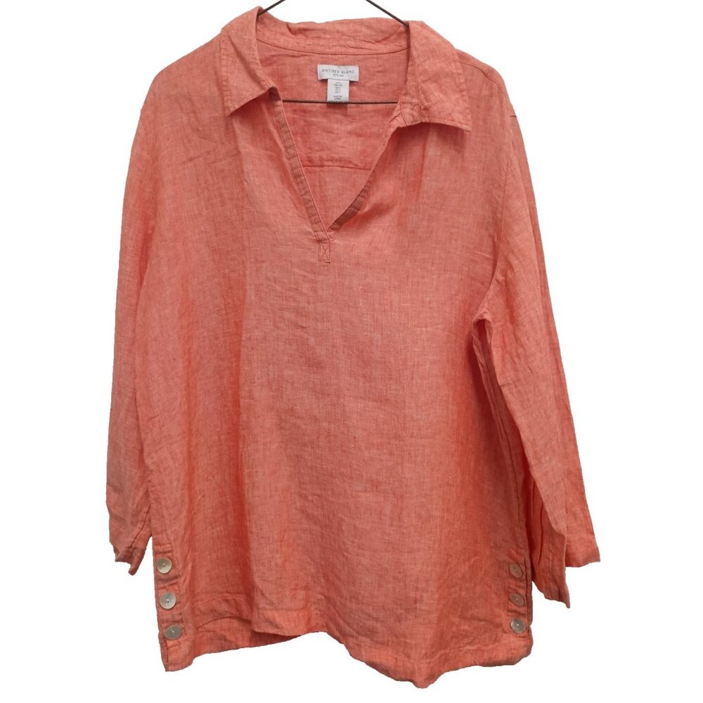 Antibes Blanc Womens Tunic Top Large Orange Linen 3/4 Sleeve Coastal Resort